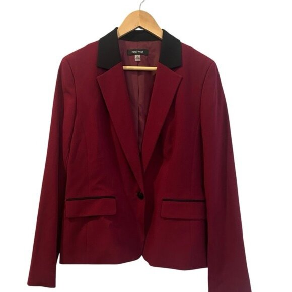 Nine West Burgundy Tuxedo Regencycore Blazer Black Contrast Collar Size 10 NWT - Picture 14 of 14